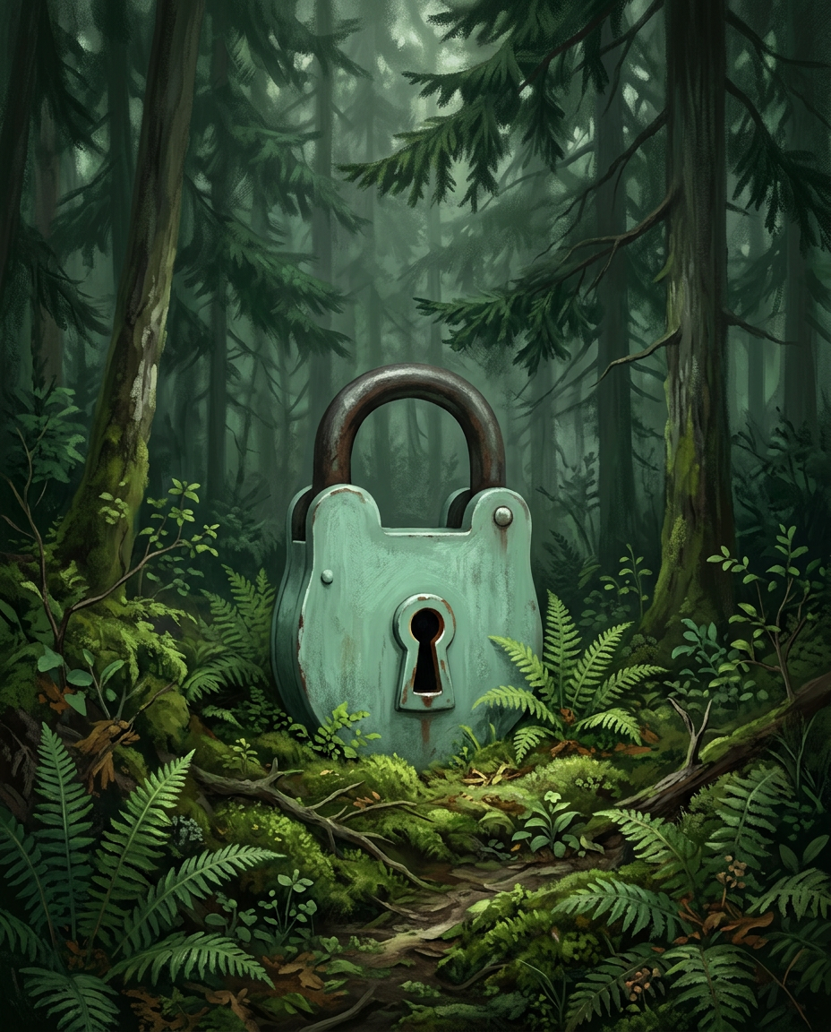 Illustration d’un cadenas posé dans une forêt de sapins